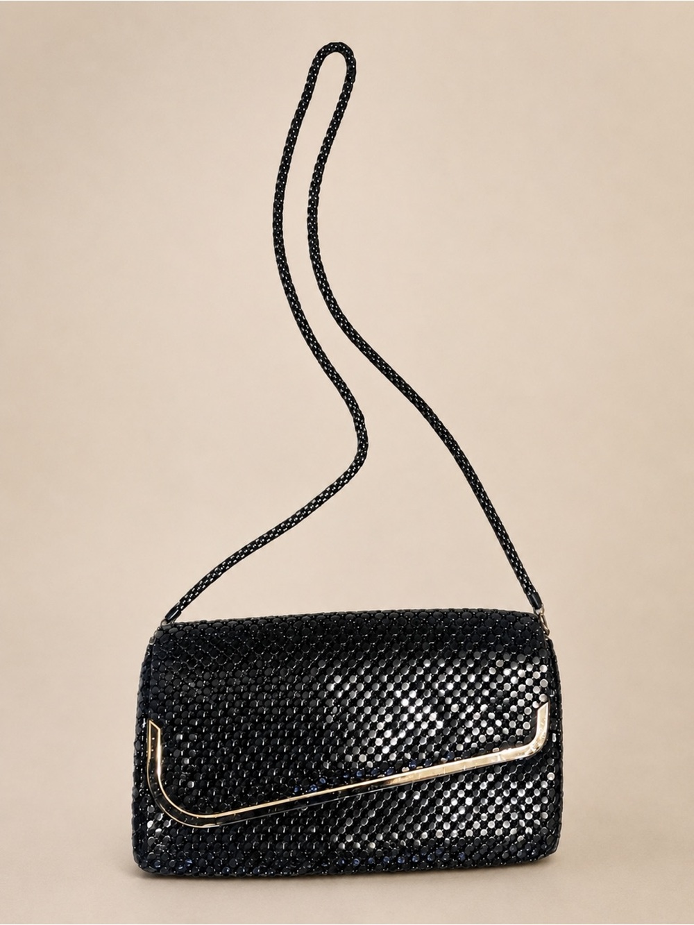 VTG Black Metal Sequin Mesh Clutch w Metallic Flap Trim & Removable Mesh Strap - Picture 16 of 16
